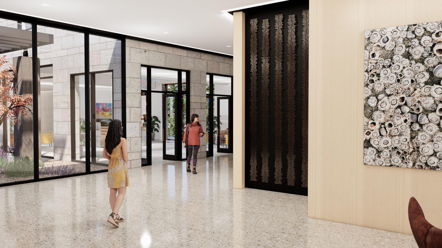 Lobby view showing donor wall, seating, and connection between new Chapel and existing Welcome Center.