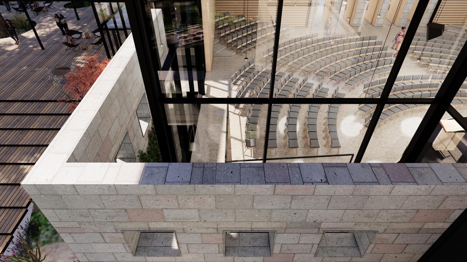 Detail view showing preserved stone wall and glass façade of Chapel, revealing layered architecture and interior seating.