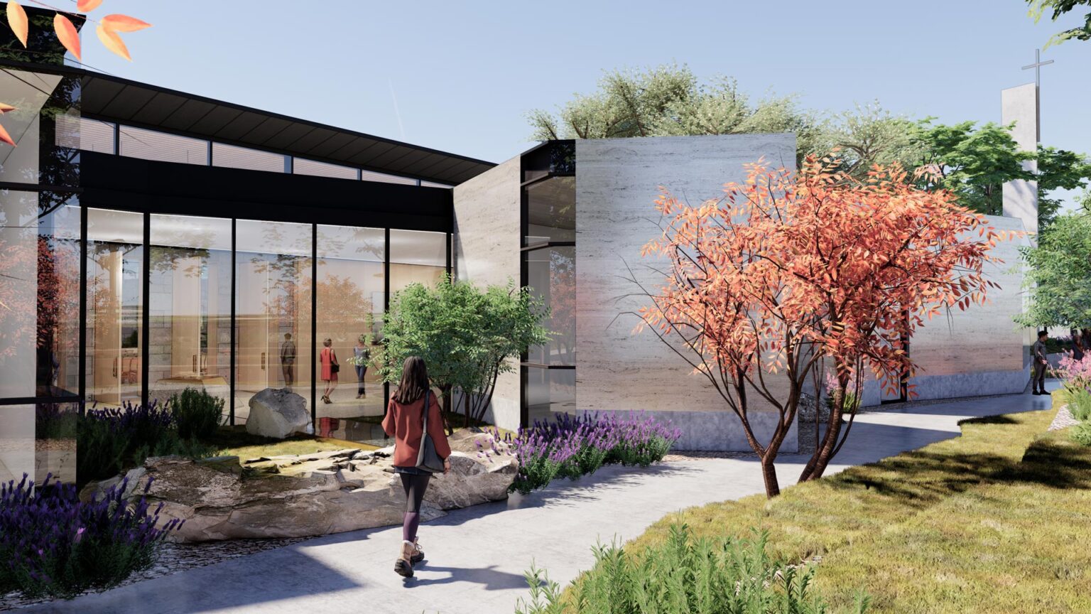 Chapel exterior showing stone wall, glass façade, trees, and landscaped garden along student pathway.