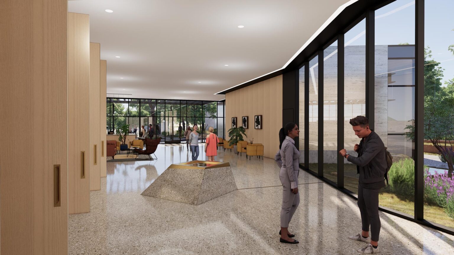 Narthex view showing baptistery font, glass wall to courtyard, and axis toward the chancel.