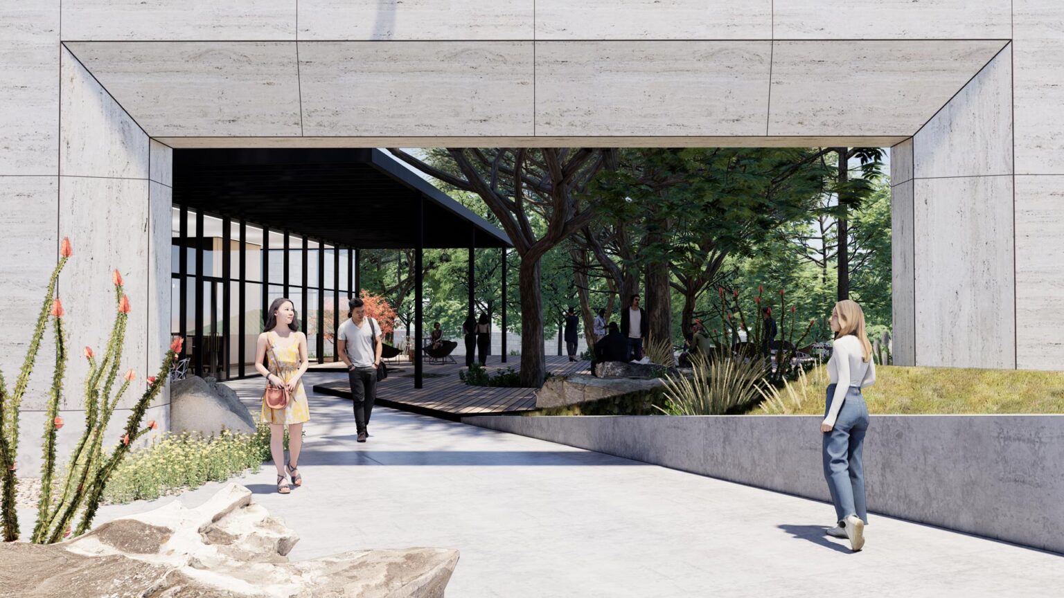 Chapel courtyard view showing Adoquin gateway and paths leading into tree-covered landscape.