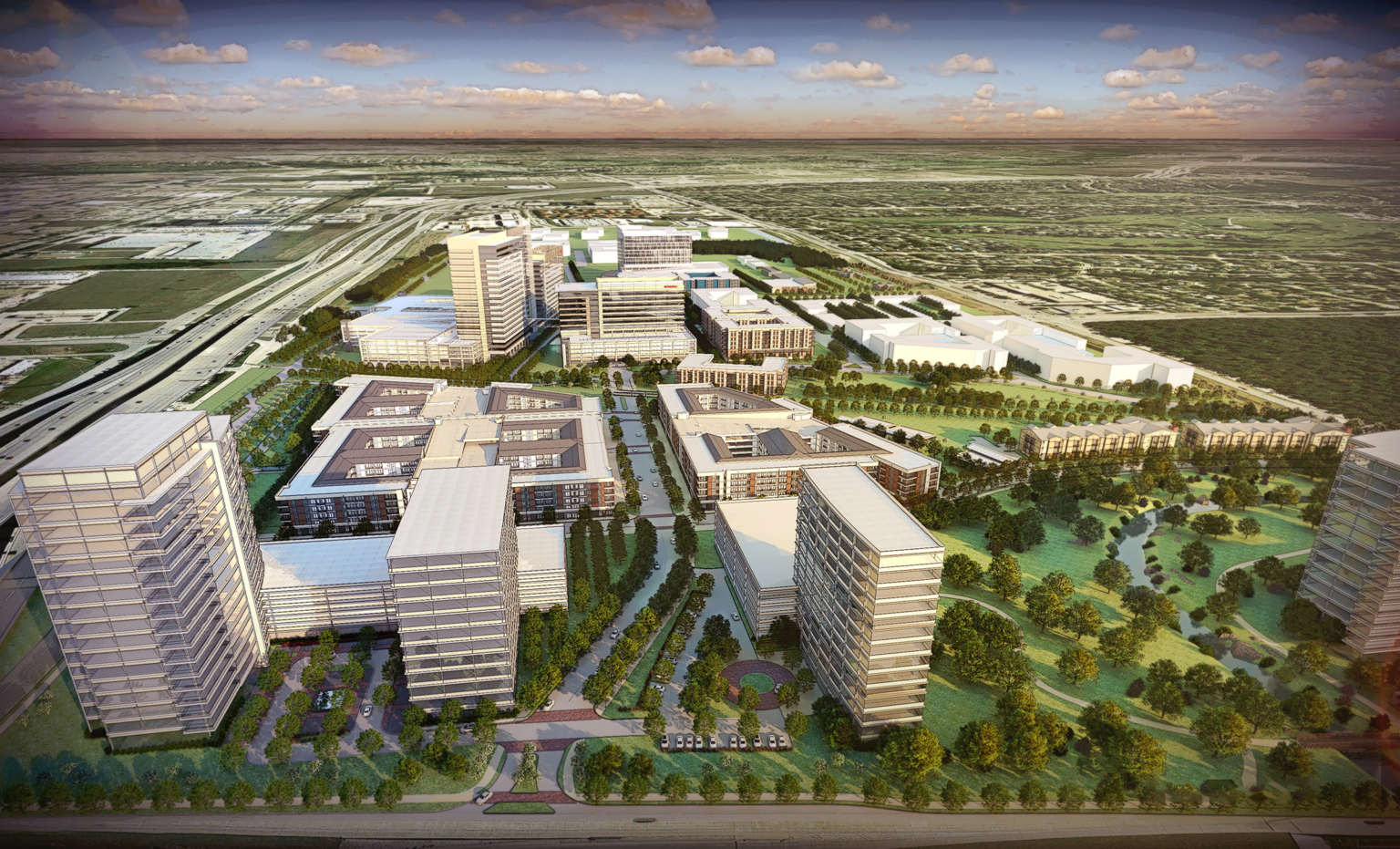 Aerial rendering of the Caruth Properties Transit-Oriented Development in Richardson, Texas, showing mixed-use urban design adjacent to the DART Bush Turnpike Station.