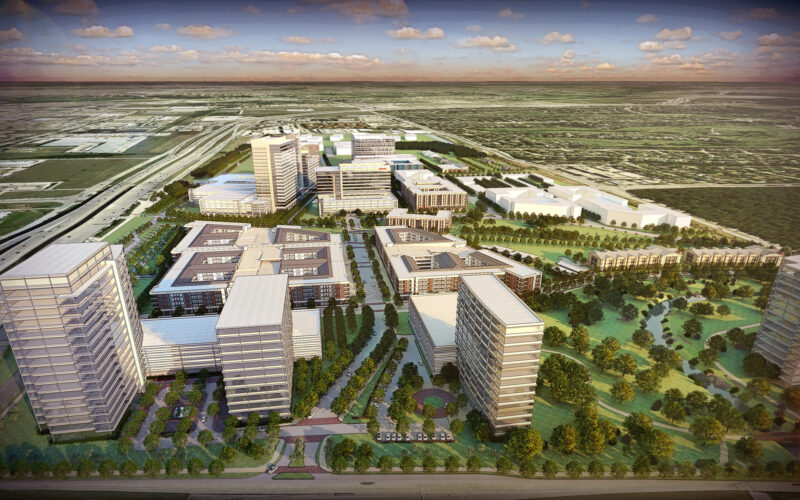 Aerial rendering of the Caruth Properties Transit-Oriented Development in Richardson, Texas, showing mixed-use urban design adjacent to the DART Bush Turnpike Station.