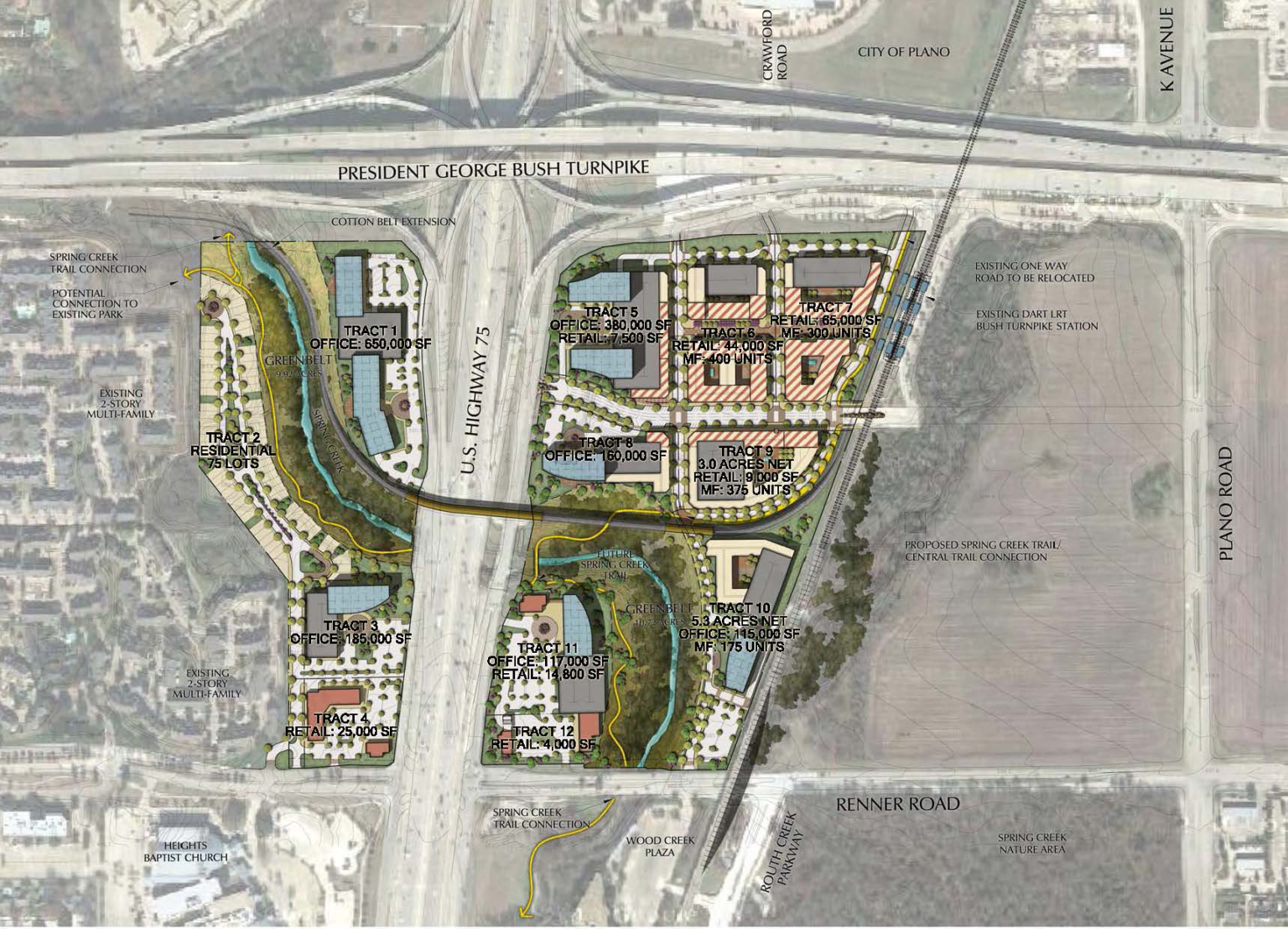 Site plan of the Caruth Properties Transit-Oriented Development in Richardson, Texas, showing proposed zoning, land uses, and connections to the DART Bush Turnpike Station.