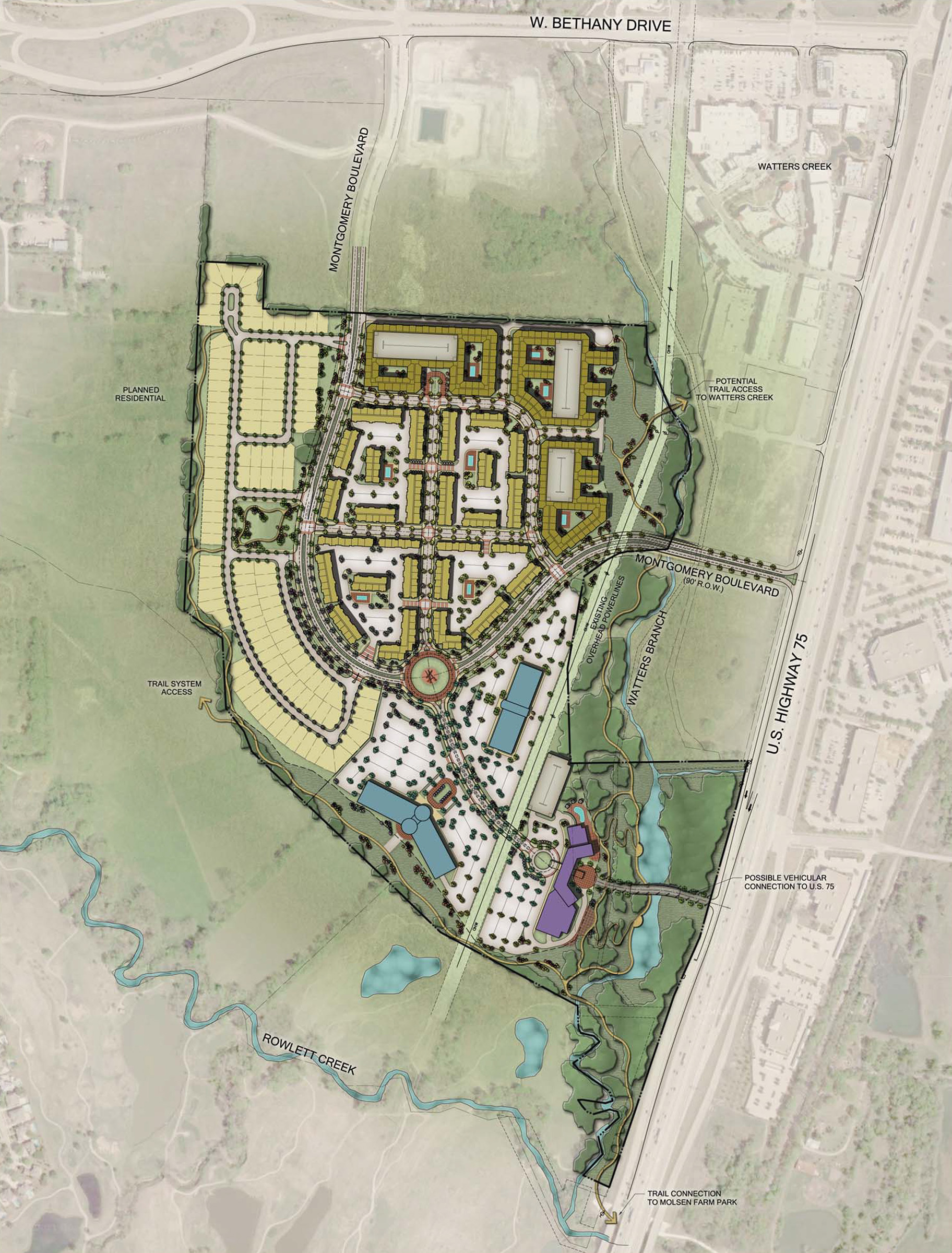 Site plan of the Montgomery Farm Master Plan in Allen, Texas, detailing residential areas, trail connections, and proximity to Watters Creek.