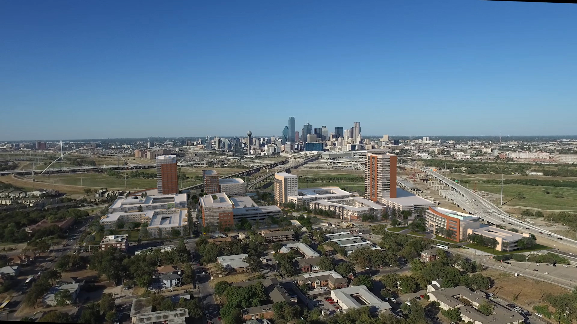 Aerial rendering of the Oak Farms Master Plan in Dallas, Texas, showing mixed-use development along the Trinity River levee system with views of downtown Dallas.