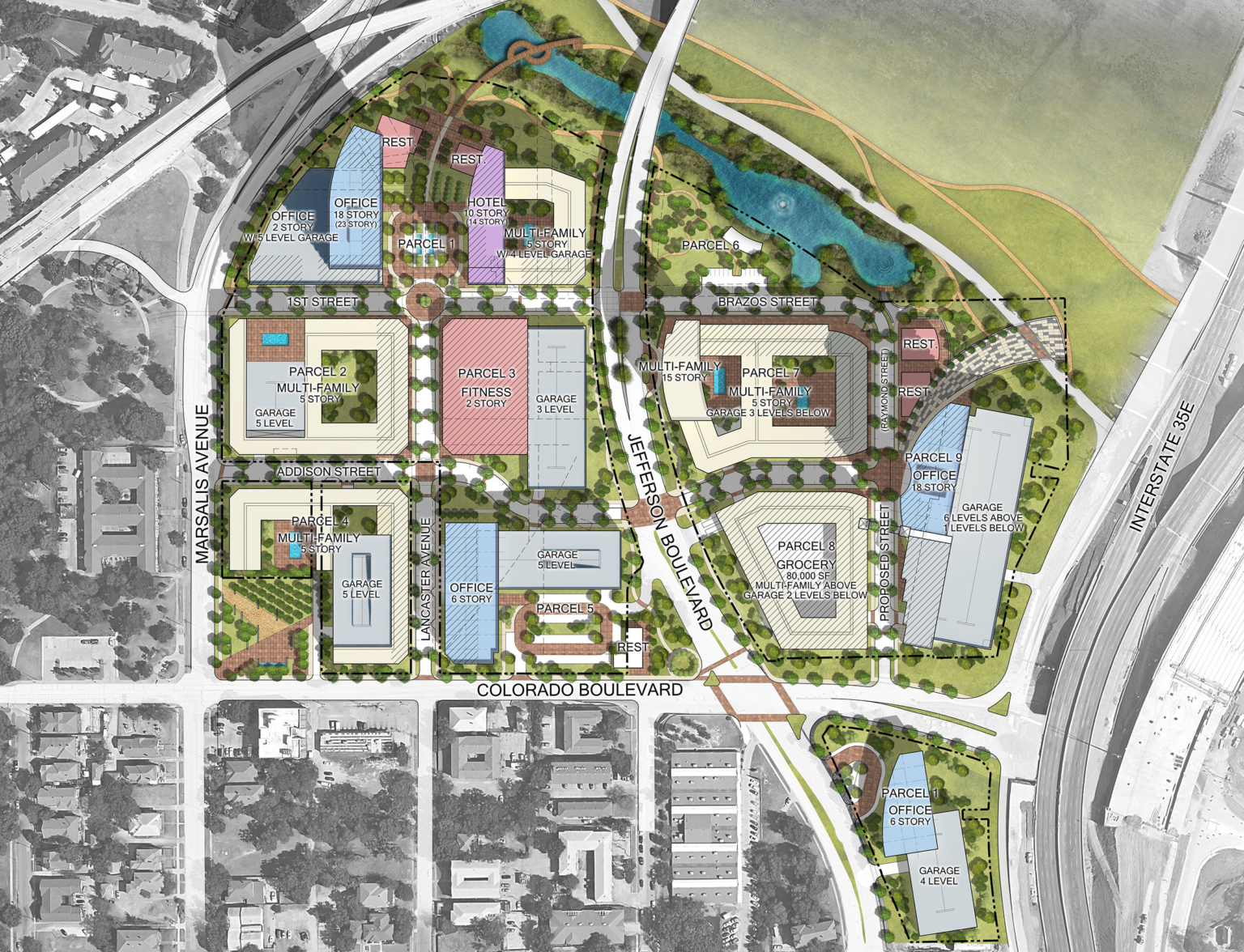 Site plan of the Oak Farms Master Plan, detailing mixed-use parcels, green spaces, and connectivity along the Trinity River levee system in Oak Cliff, Dallas.