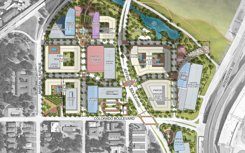 Site plan of the Oak Farms Master Plan, detailing mixed-use parcels, green spaces, and connectivity along the Trinity River levee system in Oak Cliff, Dallas.