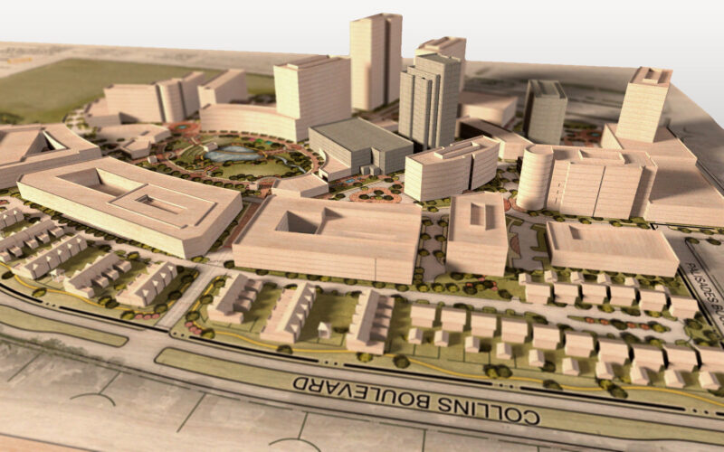 3D model aerial view of the Palisades Master Plan in Richardson, Texas, illustrating the mixed-use development layout with office towers, residential areas, and a central park.