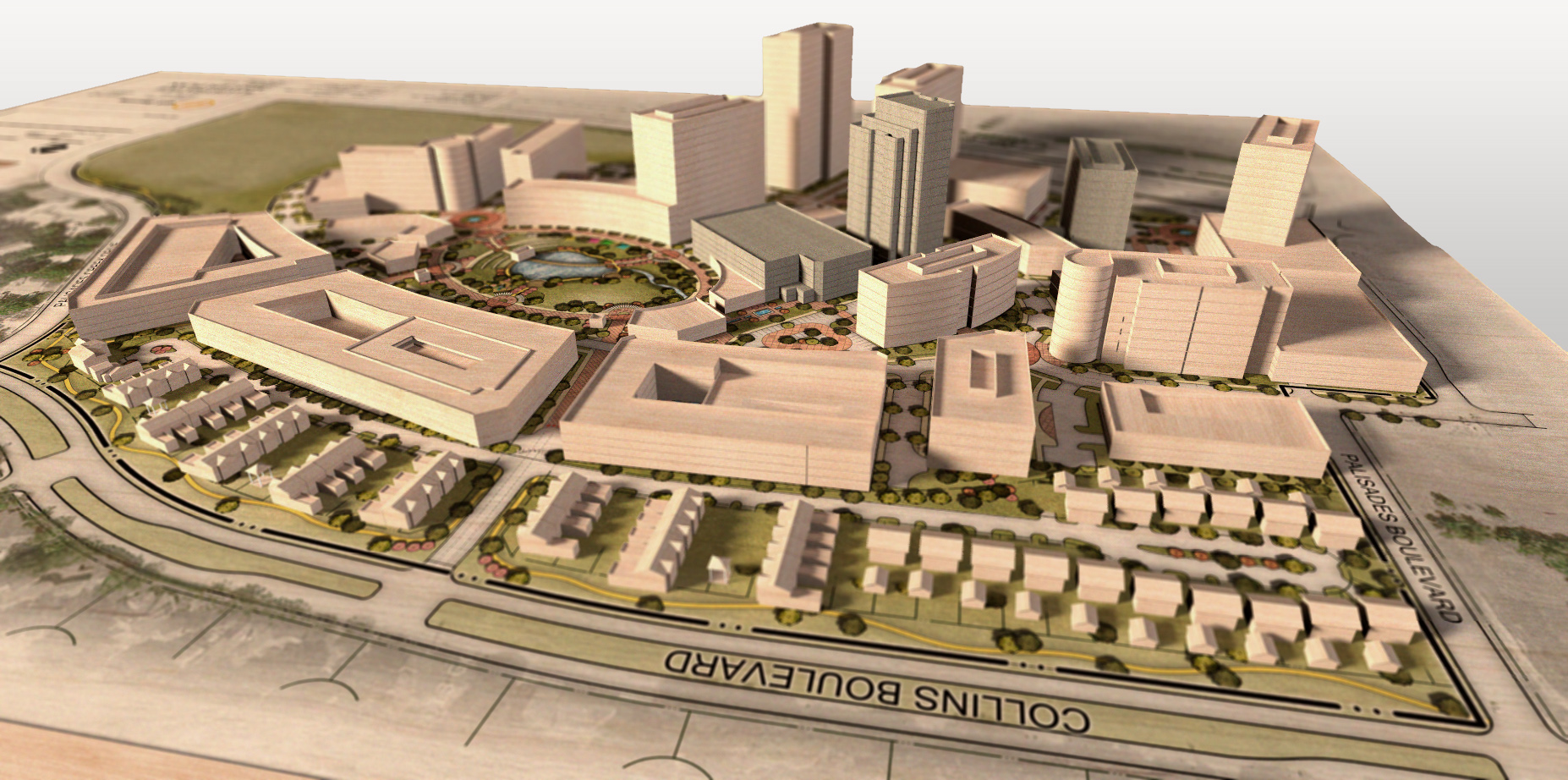 3D model aerial view of the Palisades Master Plan in Richardson, Texas, illustrating the mixed-use development layout with office towers, residential areas, and a central park.