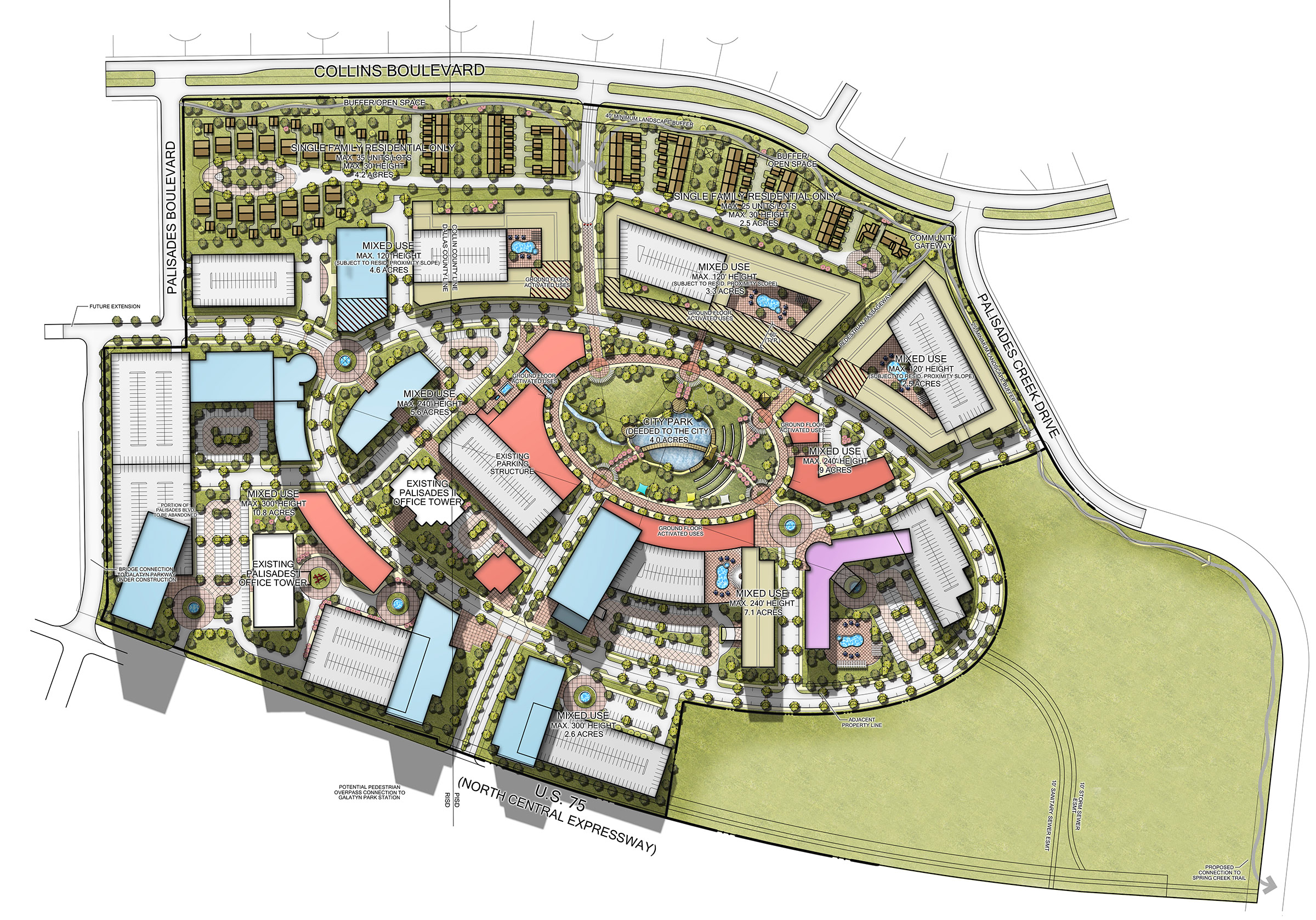 Site plan of the Palisades Master Plan in Richardson, Texas, detailing the mixed-use zoning, central park, and pedestrian-friendly layout near the Galatyn Park DART Station.