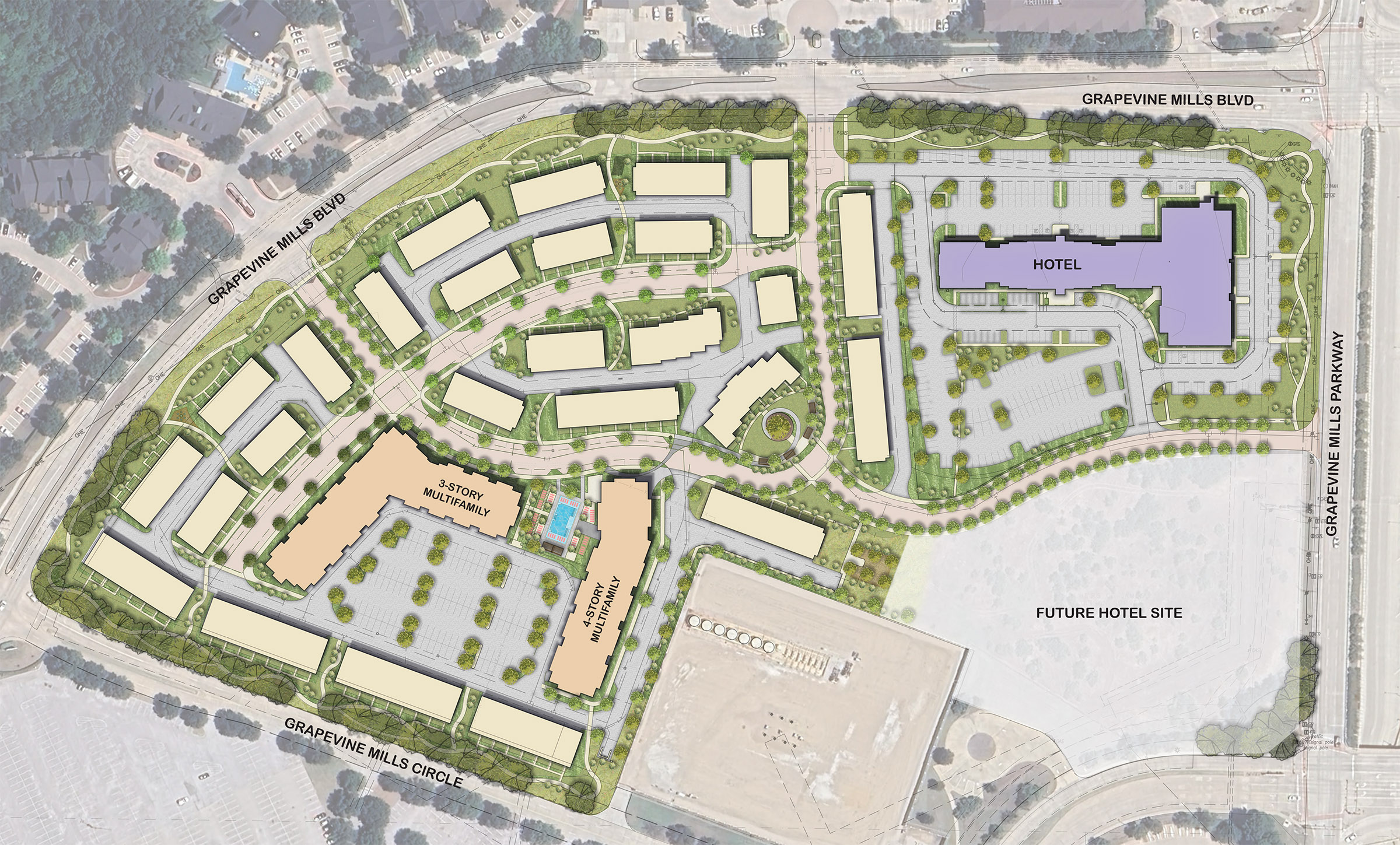 Site plan of the TCC Grapevine Master Plan in Grapevine, Texas, showing hotels, multifamily residences, and a trail system near Grapevine Mills Mall.