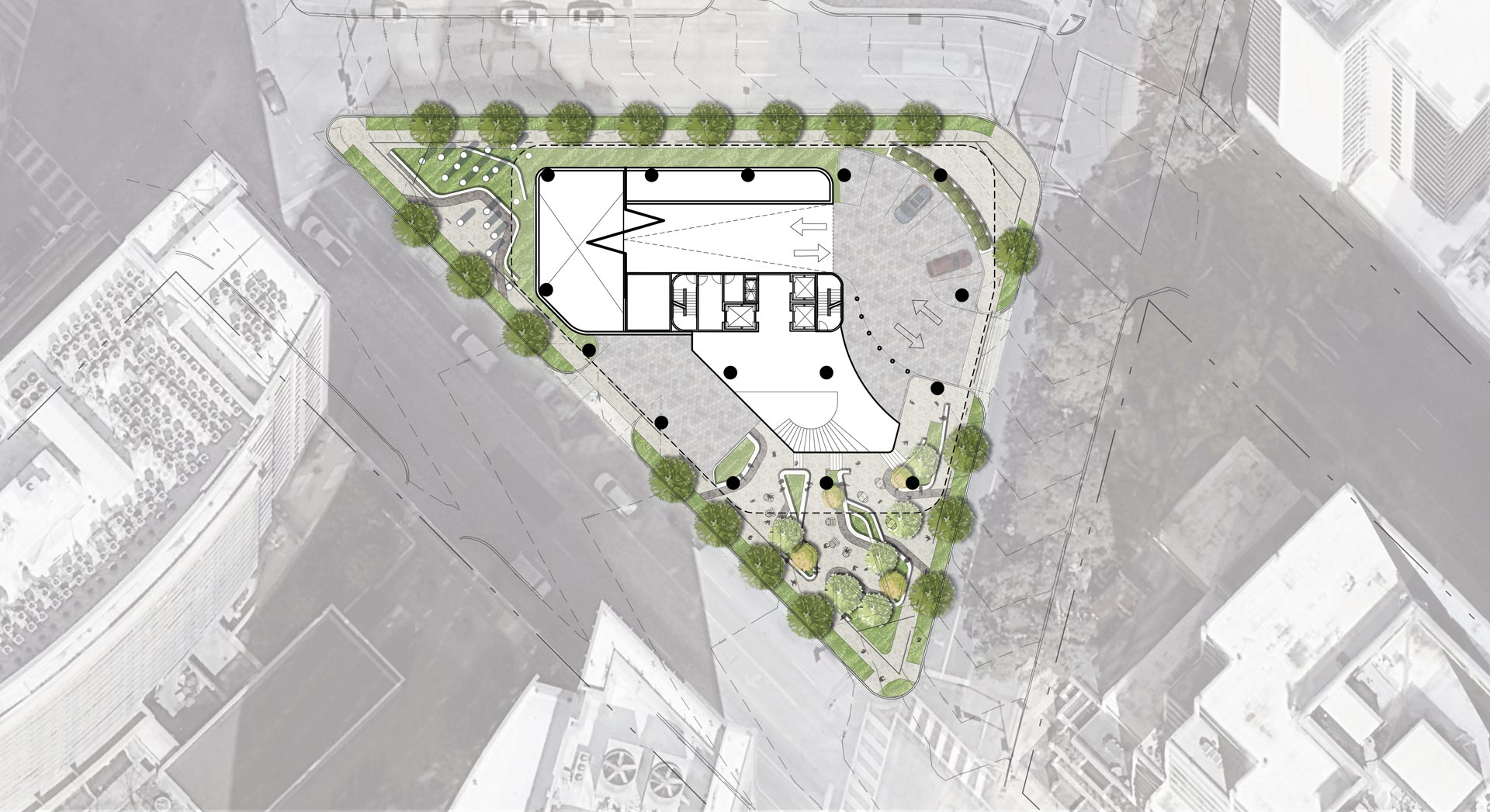 1899 McKinney Site plan rendering of 1899 McKinney Avenue in Uptown Dallas showing residential high-rise footprint, vehicular circulation, and surrounding public realm landscape design.