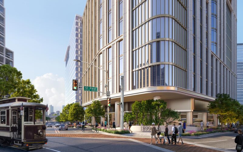 Corner view rendering of 1899 McKinney Avenue showing podium and ground-level pedestrian plaza at Akard and McKinney in Dallas, Texas.