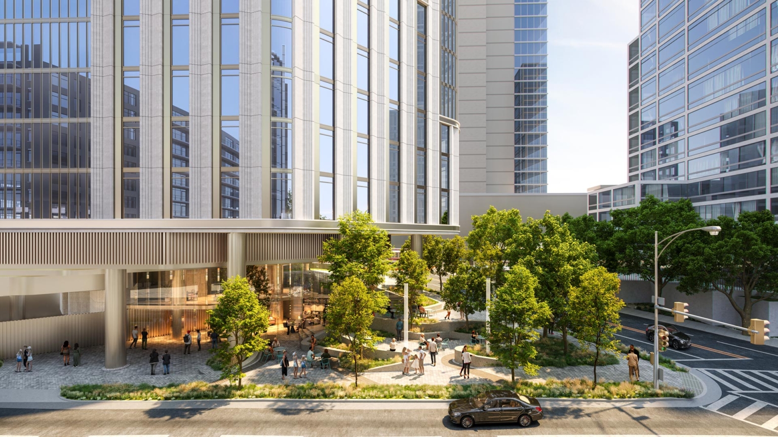 Rendering of landscape plaza at the base of 1899 McKinney Avenue high-rise, showing pedestrian circulation and planted public open space in Dallas, TX.