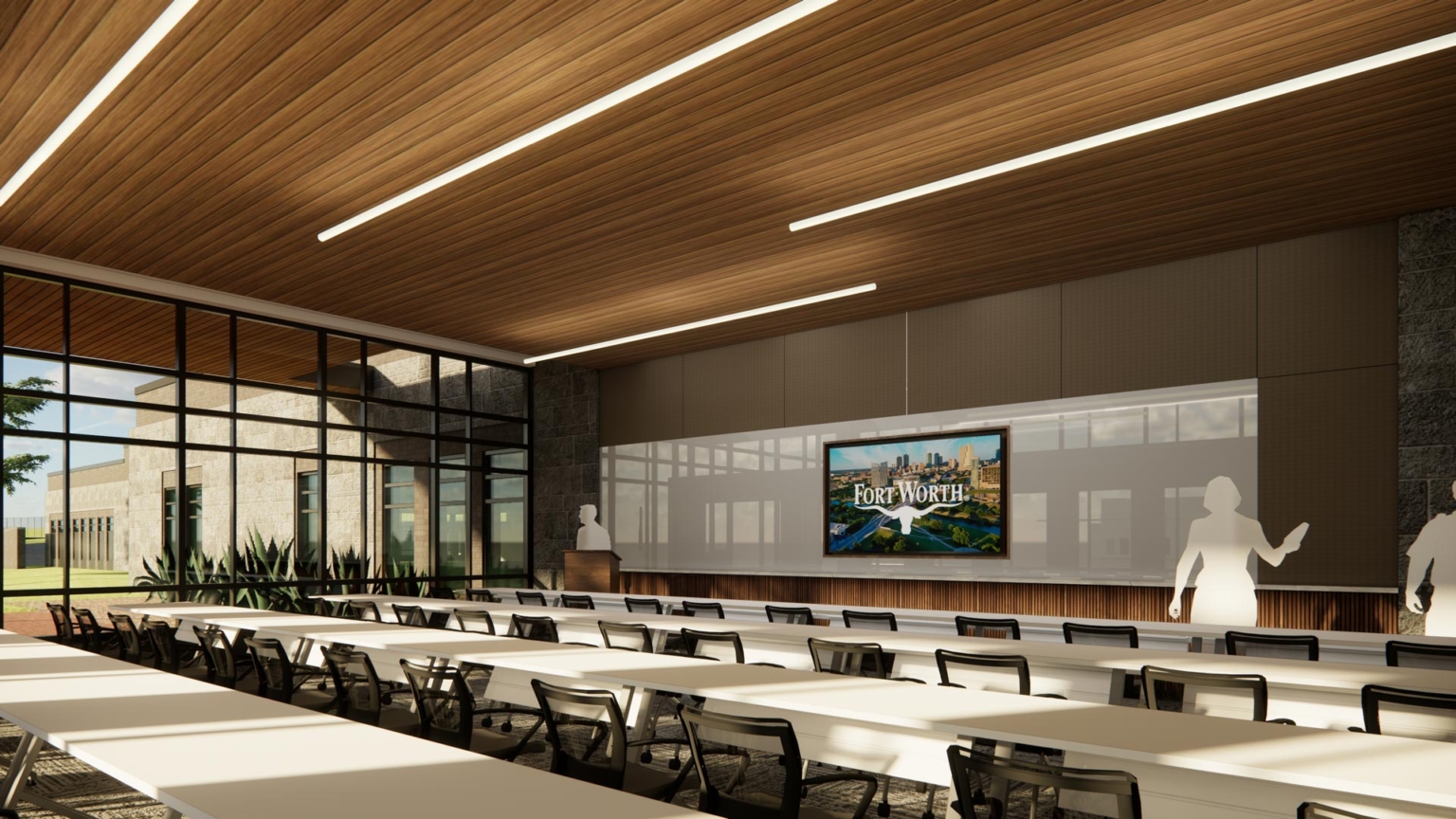 Interior rendering of the community room with long tables, glass exterior wall, wood ceiling, and a Fort Worth screen at the front.