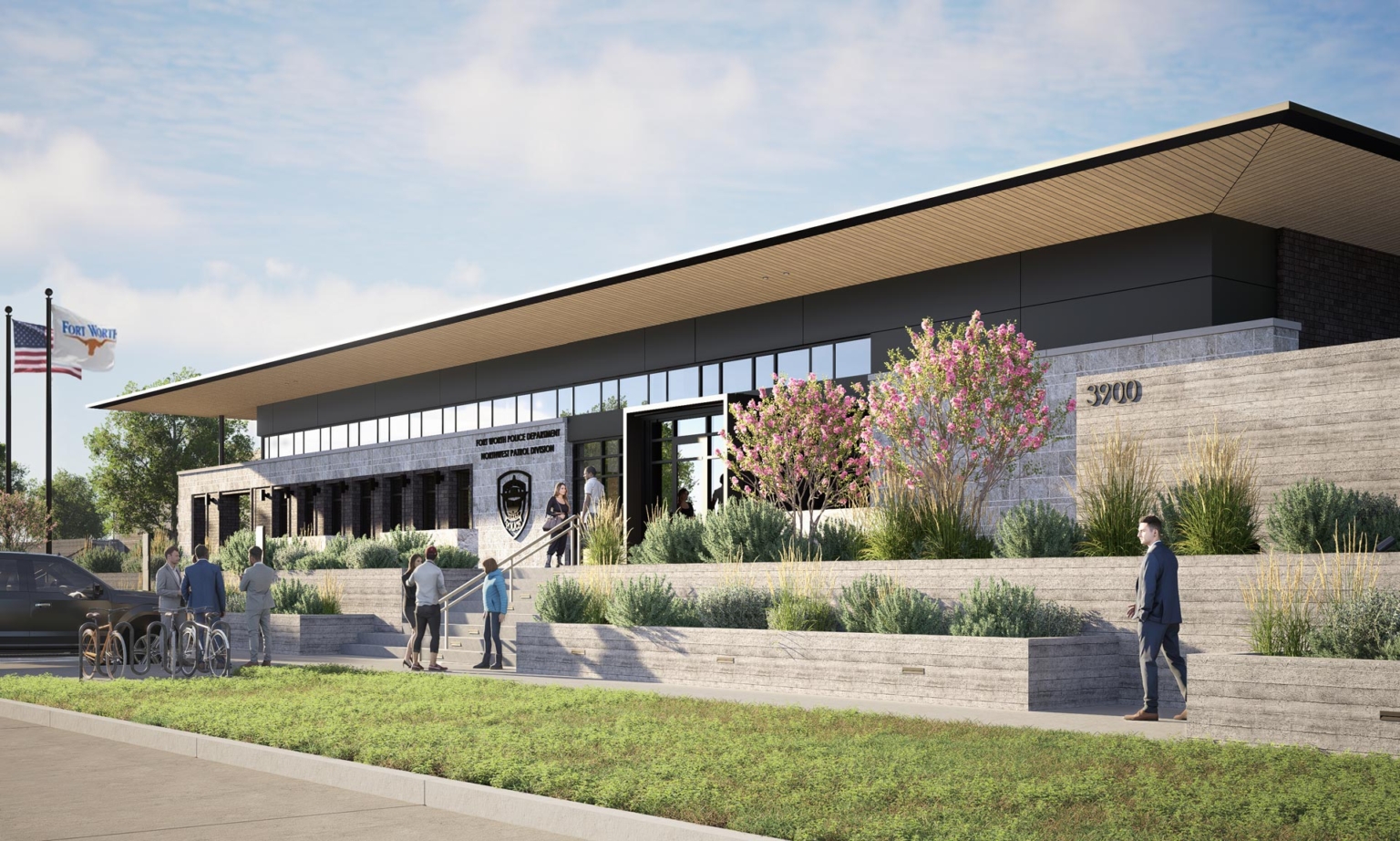 Angled rendering of the Fort Worth Northwest Patrol’s entrance showing signage, terraced plantings, and people arriving.