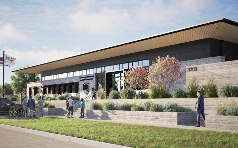 Angled rendering of the Fort Worth Northwest Patrol’s entrance showing signage, terraced plantings, and people arriving.