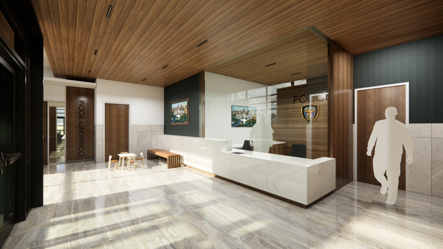 Interior view of the lobby at Fort Worth Northwest Patrol with reception desk, child seating, and labeled community room door.