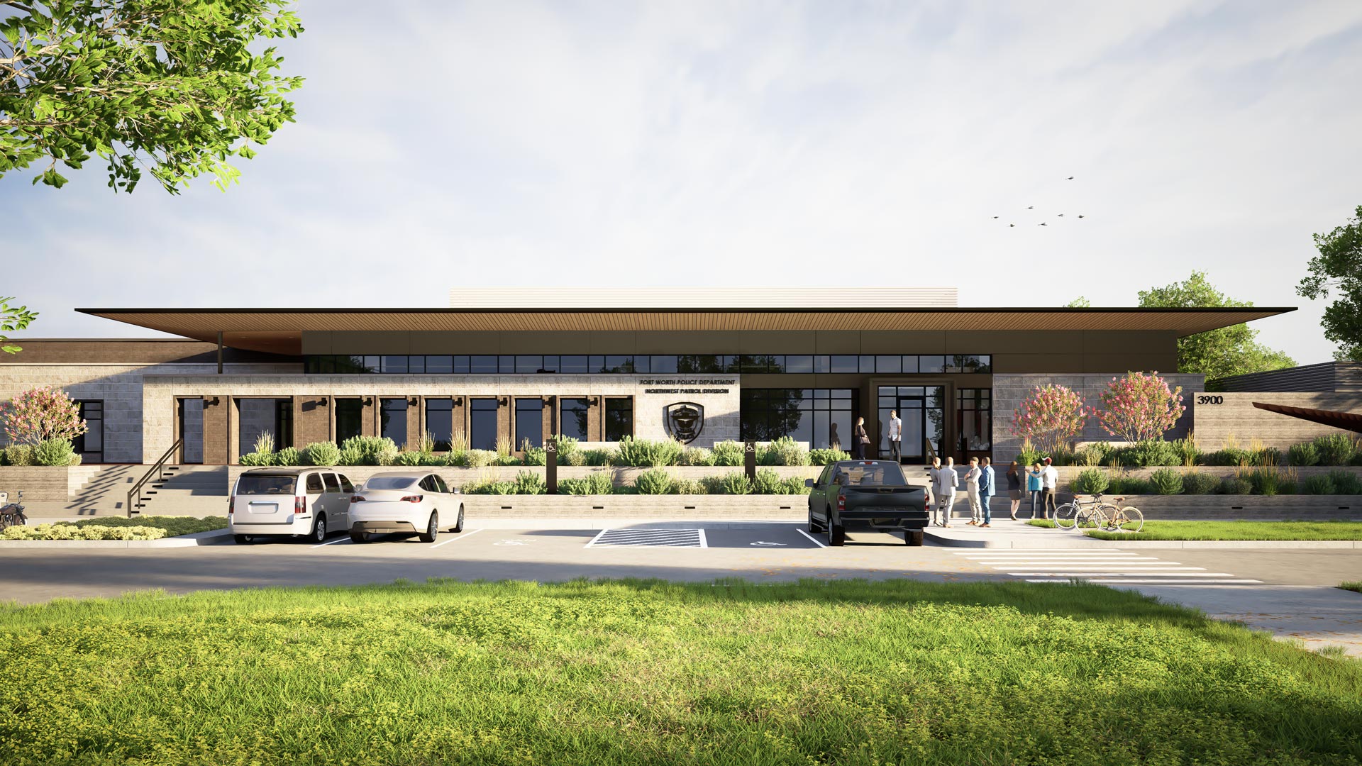 Primary Building Elevation Front elevation rendering of Fort Worth Northwest Patrol with symmetrical layout, large roof overhang, and civic landscaping.
