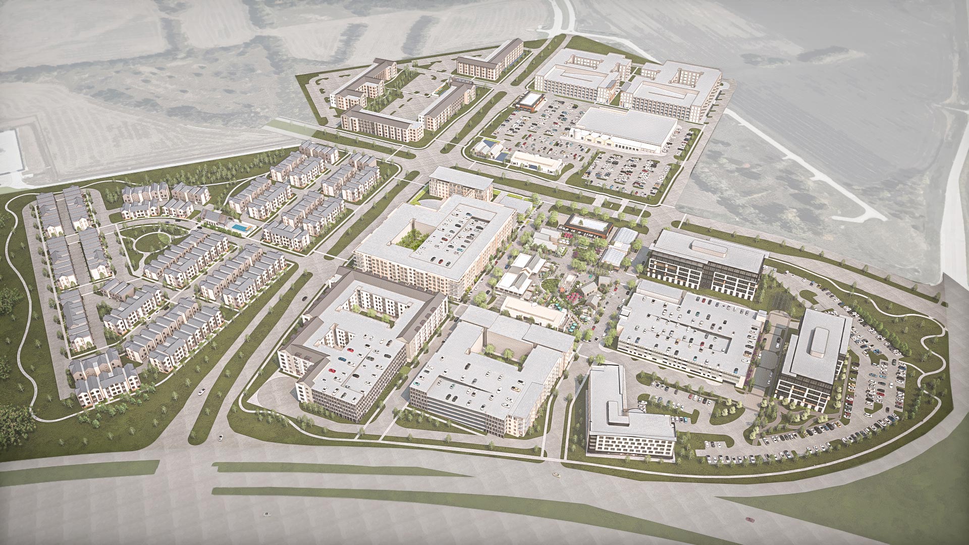 Aerial rendering of Long Branch master plan in McKinney, Texas