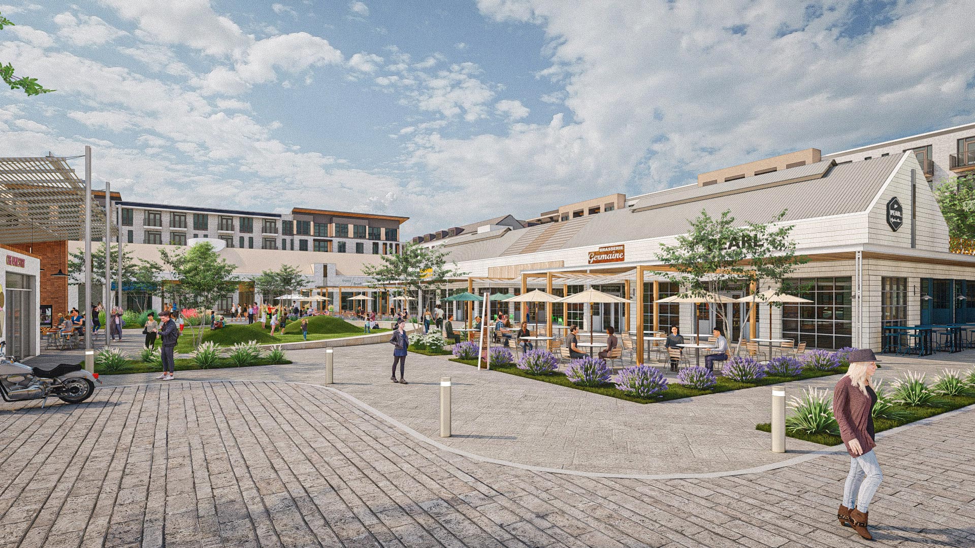 Cafés and small shops fronting the green in Long Branch