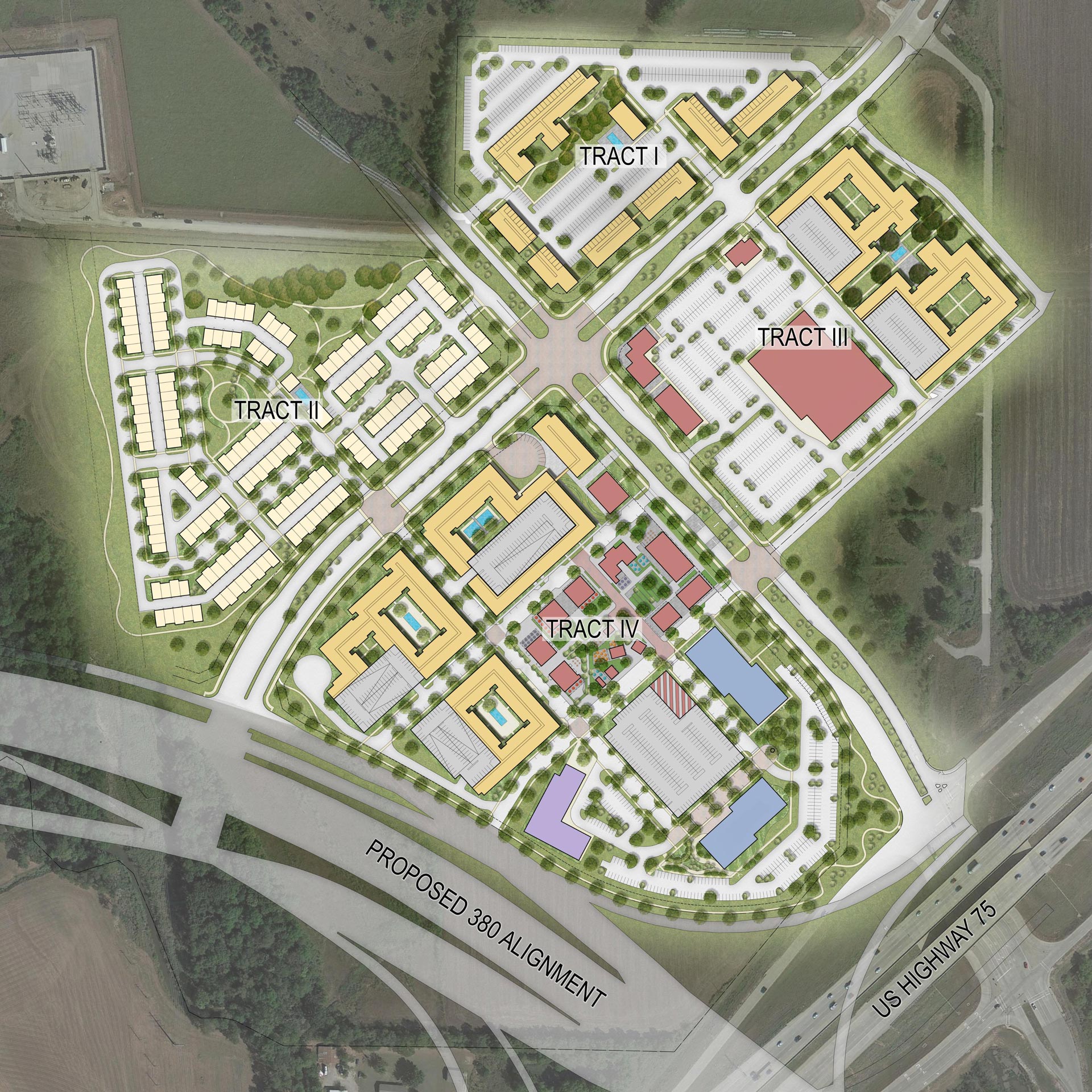 Conceptual site plan showing tract divisions and road alignment for Long Branch