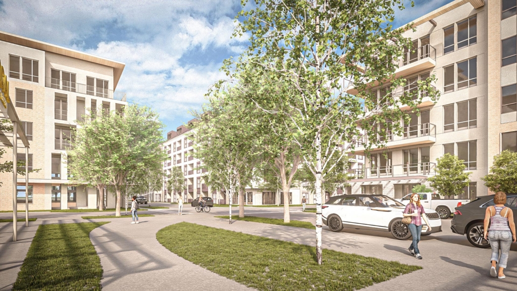 Tree-lined corridor between residential buildings in Long Branch