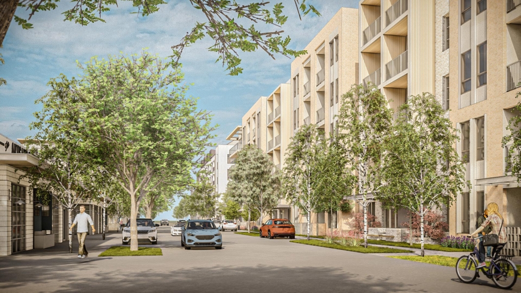Tree-lined residential street with three-story buildings and mixed mobility
