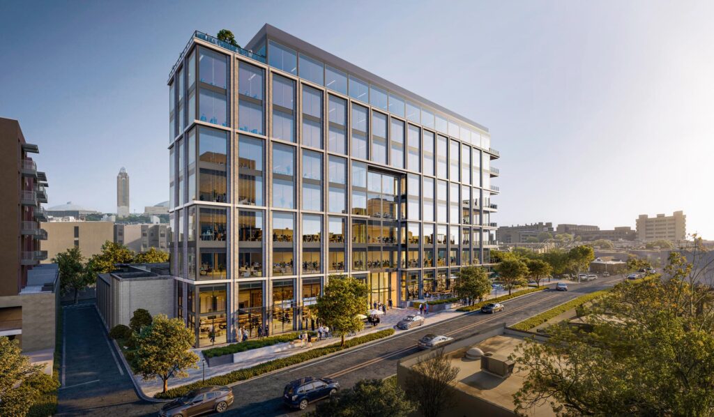 Exterior view of Crescent Offices West showing glass and stone facade along West Seventh Street in Fort Worth’s Cultural District.