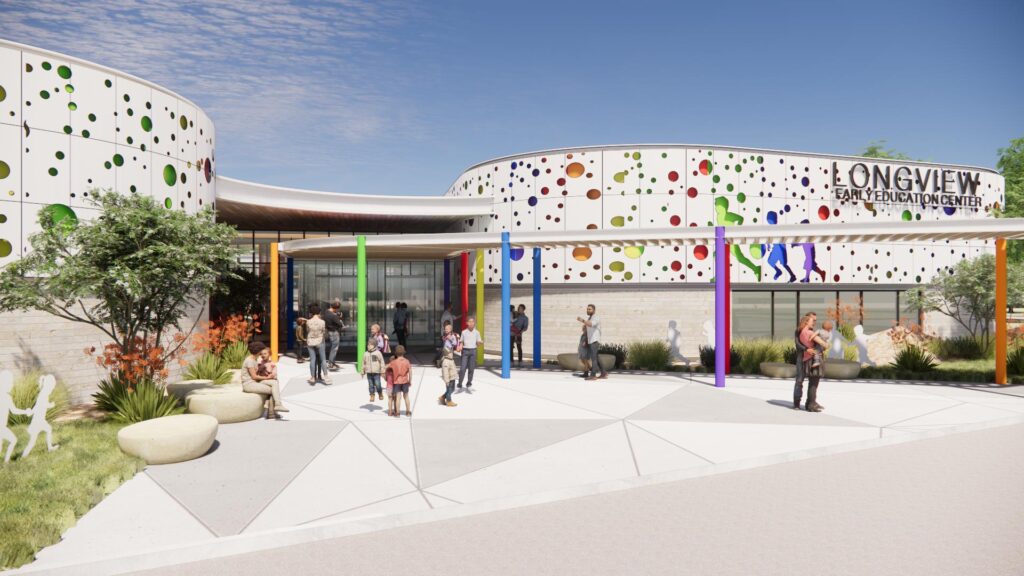 Front entrance of Longview Early Childhood Center with colorful columns and dotted facade