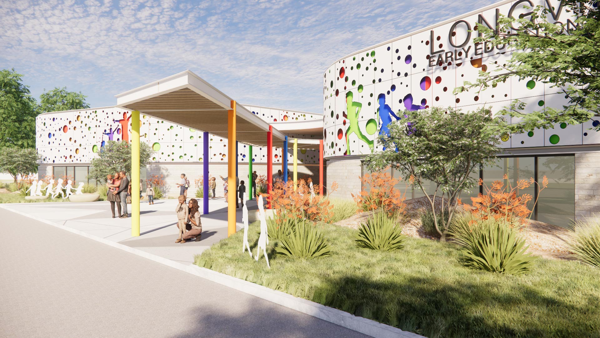 Walkway with canopy and colorful supports surrounded by landscaped gardens and families