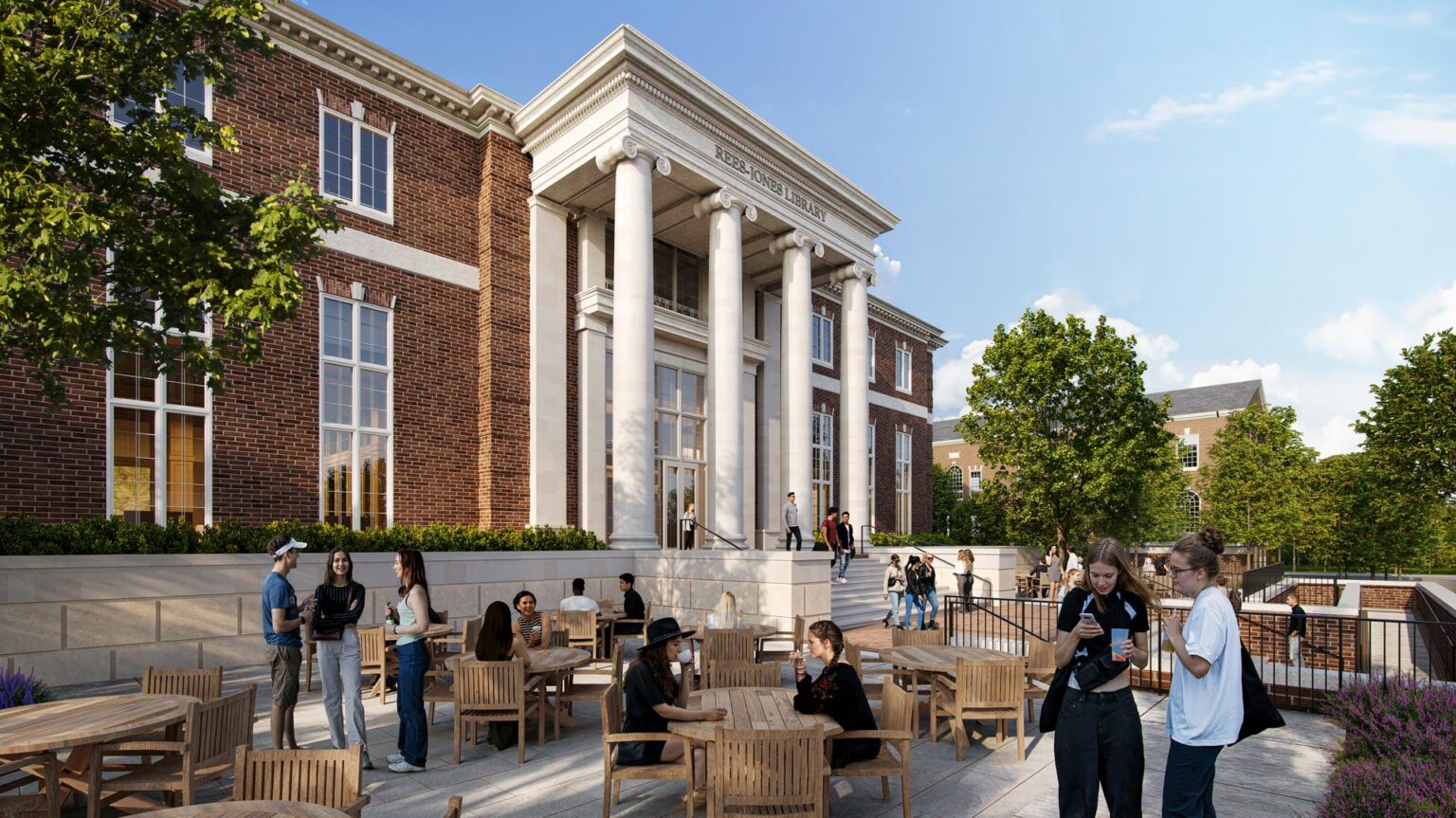 Perspective of red brick and limestone library with classical portico and students gathered on an outdoor terrace.
