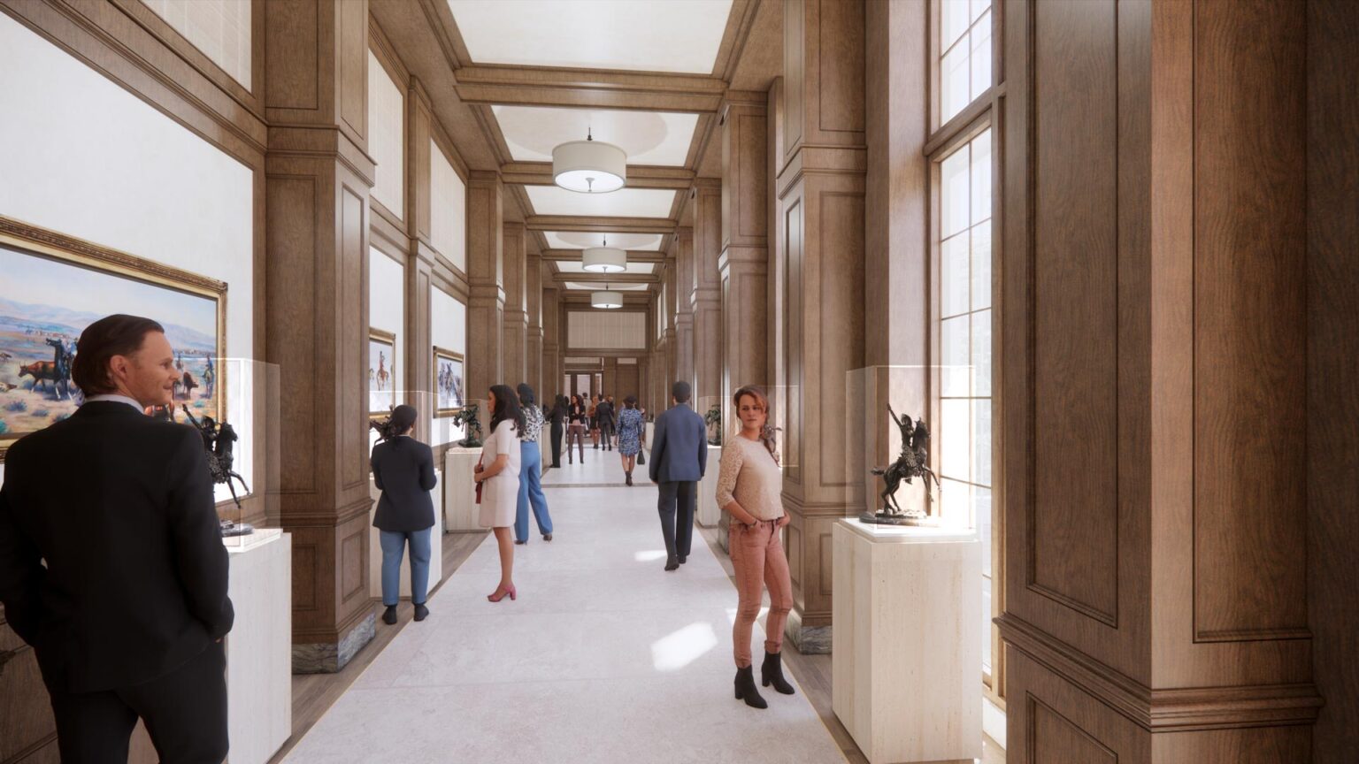 Interior art gallery corridor with sculptures, paintings, wood paneling, and natural light streaming through tall windows.