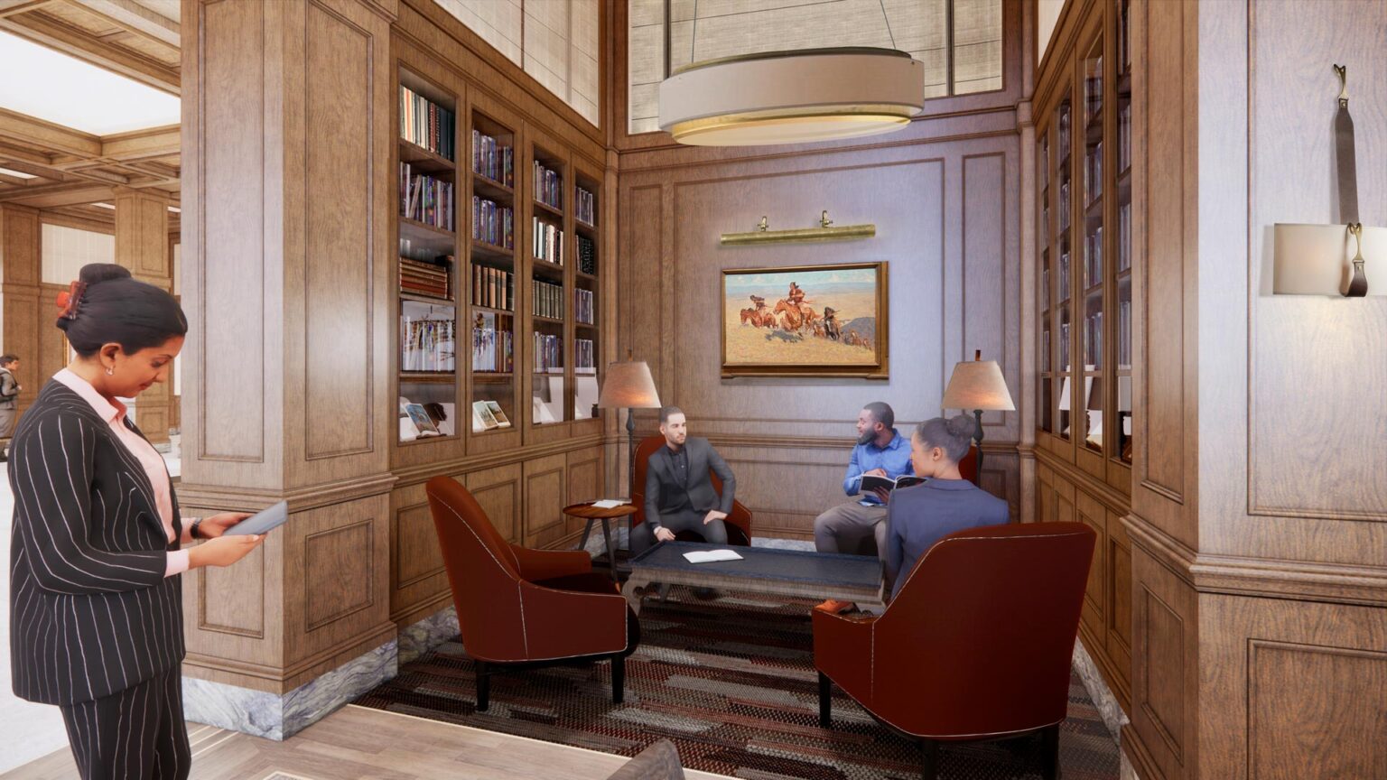 Quiet reading alcove with lounge chairs, bookcases, artwork, and warm wood-paneled walls. Title: Private Reading Niche
