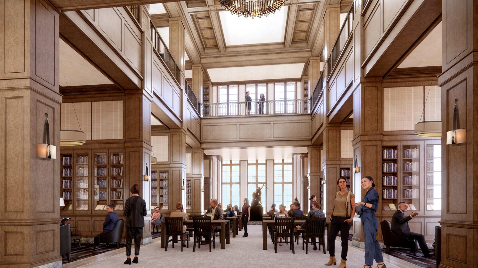 Double-height reading room with large skylight, wood paneling, balconies, chandeliers, study tables, and bookcases.