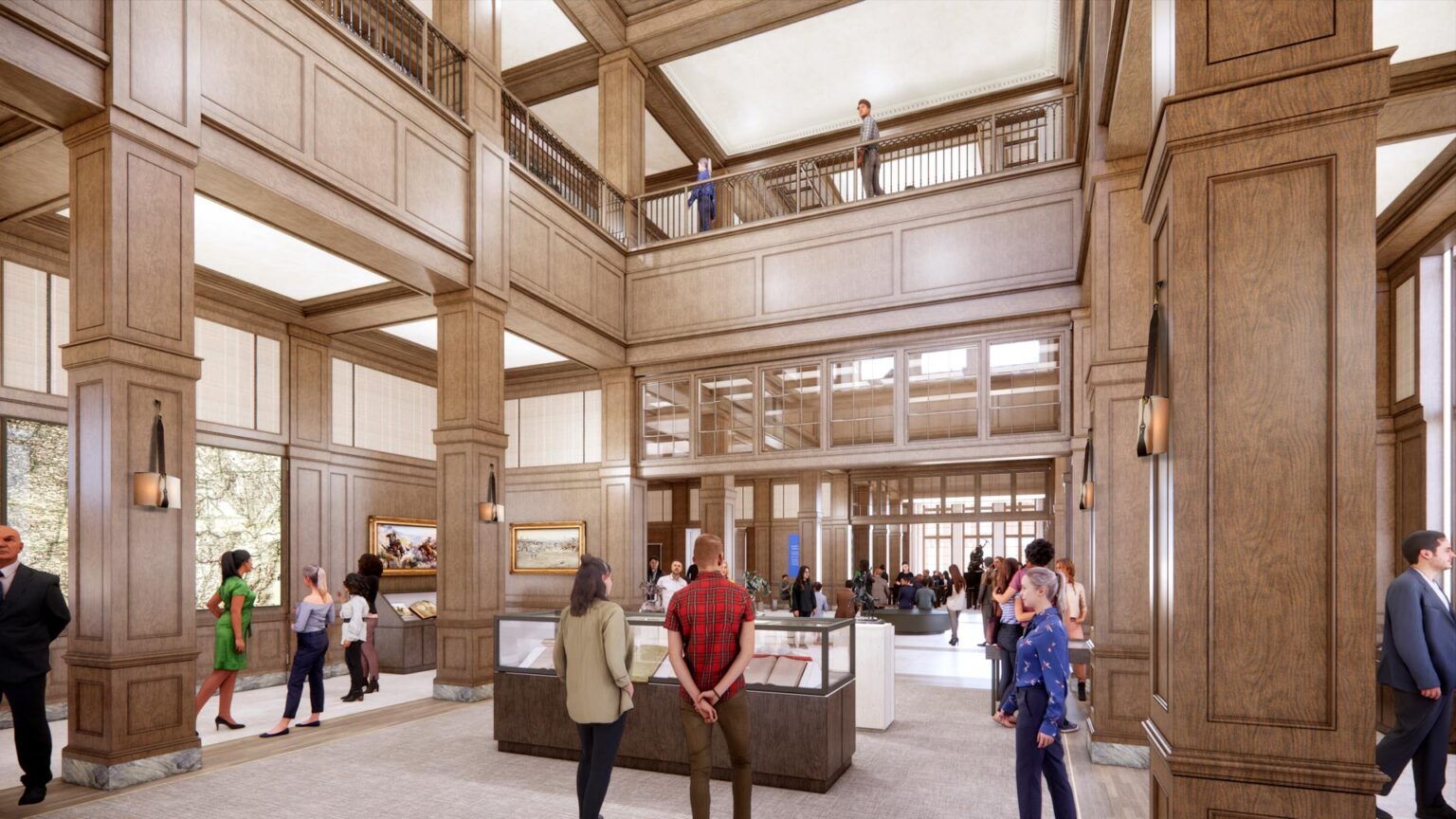Interior exhibit gallery with display cases, wood-paneled columns, and visitors exploring artifacts and maps.