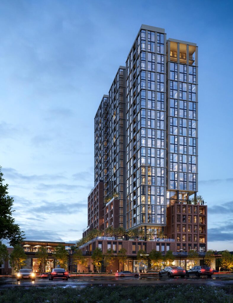 Dusk rendering of a 24-story mixed-use tower in Oak Lawn, Dallas, showing retail and residential levels beneath a glass tower.