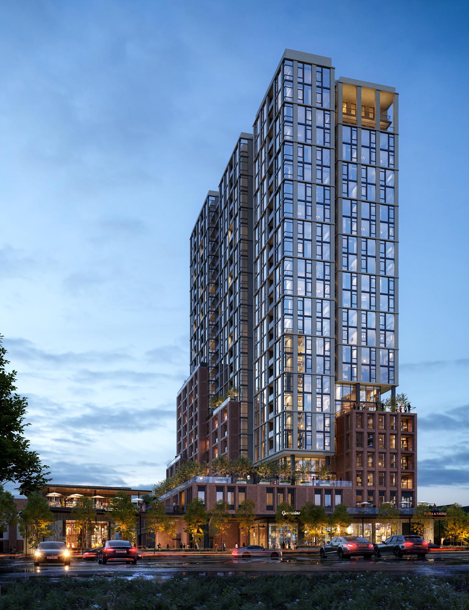 Dusk rendering of a 24-story mixed-use tower in Oak Lawn, Dallas, showing retail and residential levels beneath a glass tower.