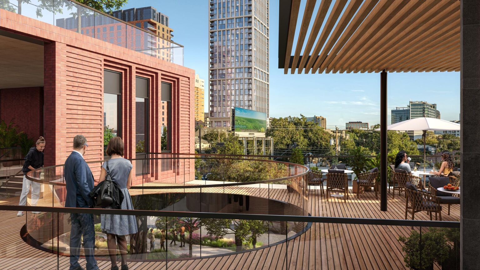 Alternate angle of rooftop dining deck with lounge seating and views toward surrounding buildings.
