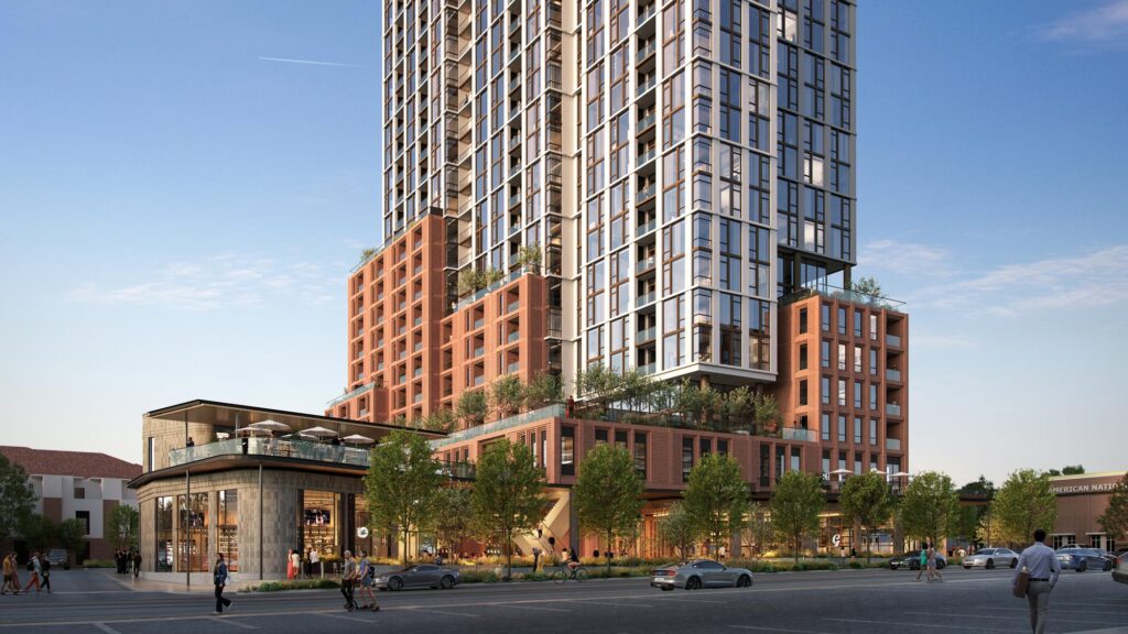 View of the building from across the street showing the retail base, restaurant terrace, and tower above.