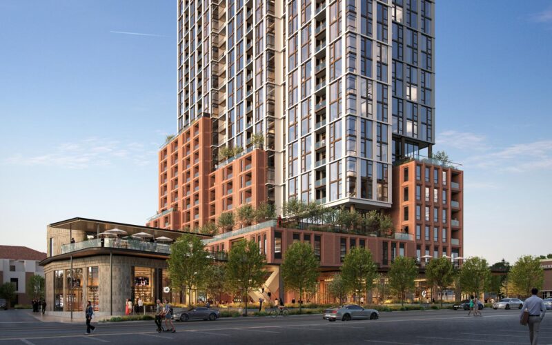 View of the building from across the street showing the retail base, restaurant terrace, and tower above.