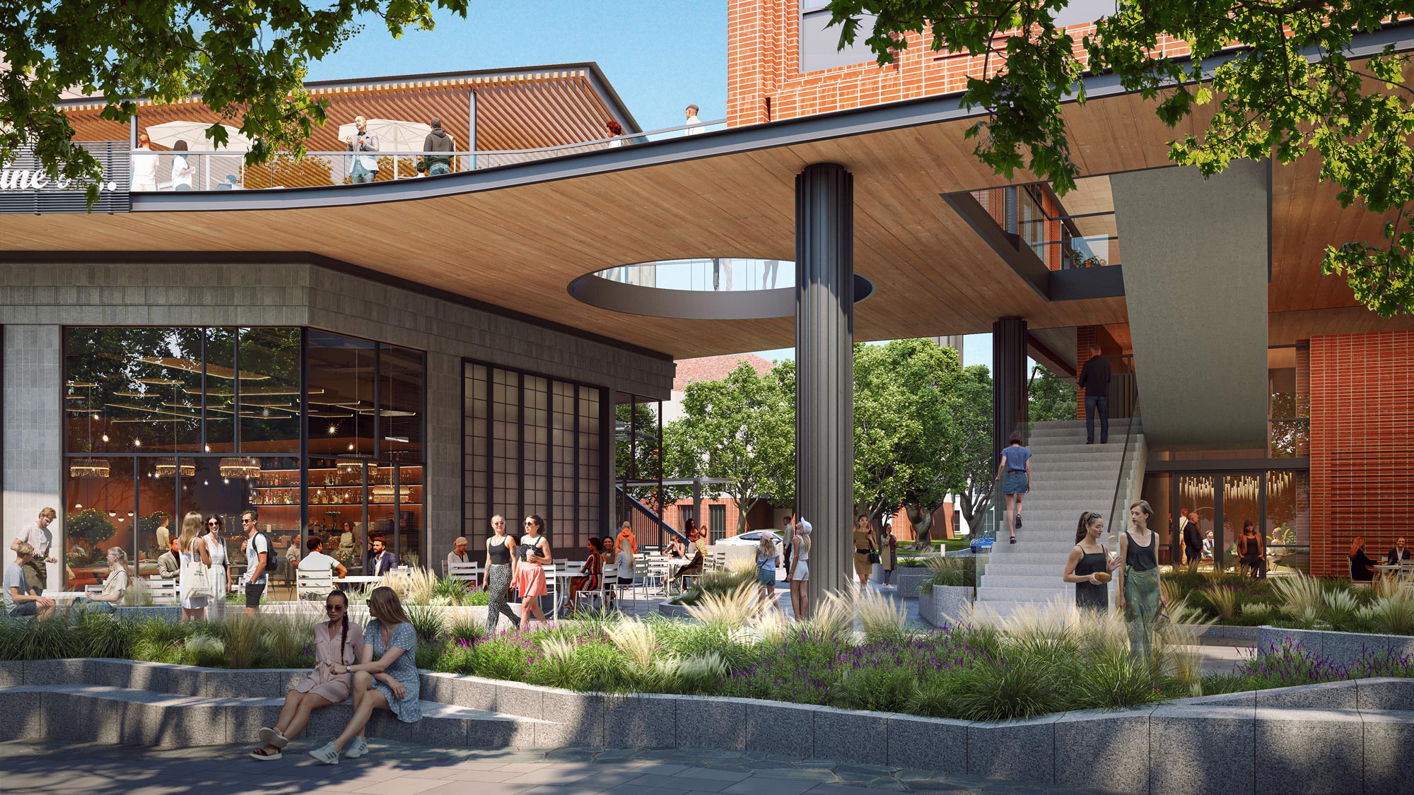 View of public plaza with stairs, outdoor tables, and surrounding trees under cantilevered building structure.