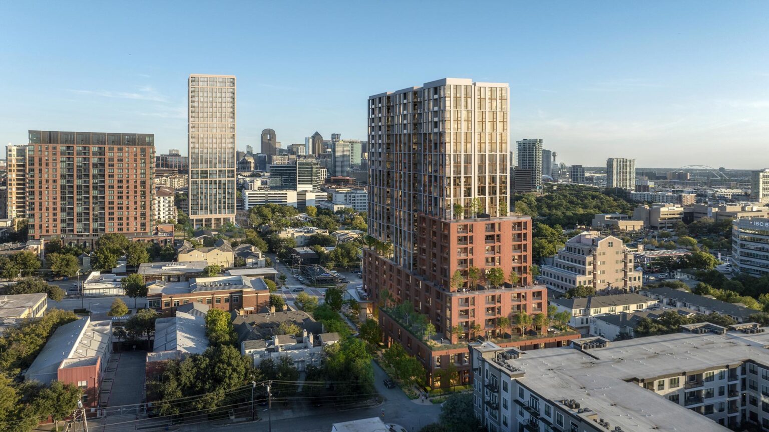 Aerial view of 2615 Oak Lawn tower within the Uptown Dallas context.