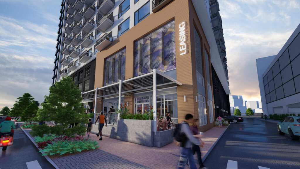 Street-level perspective of Denargo Market Phase 4 with leasing office and retail storefront, wood-look siding, and pedestrian-friendly design in Denver’s RiNo district.