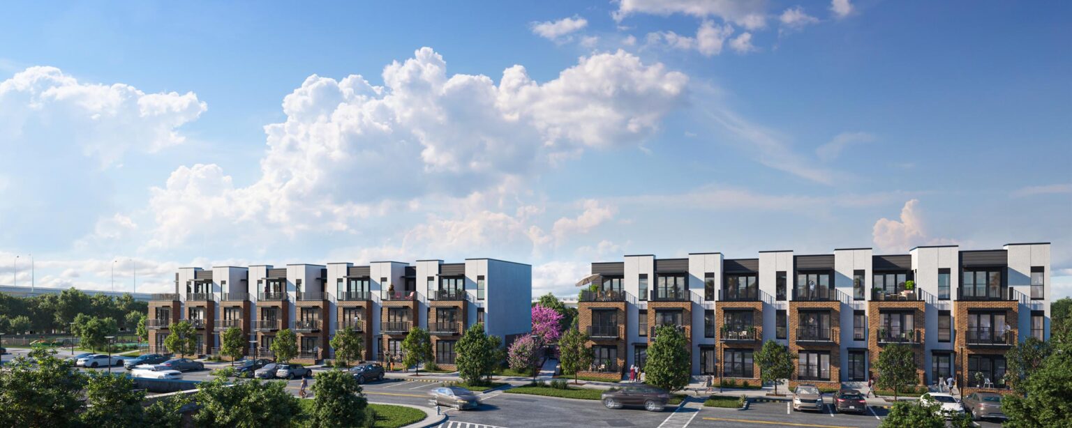 Row of modern three-story townhomes at The Vickery in Fort Worth, part of the GFF-designed mixed-use development by Trademark Property Company, featuring private balconies and landscaped surroundings.