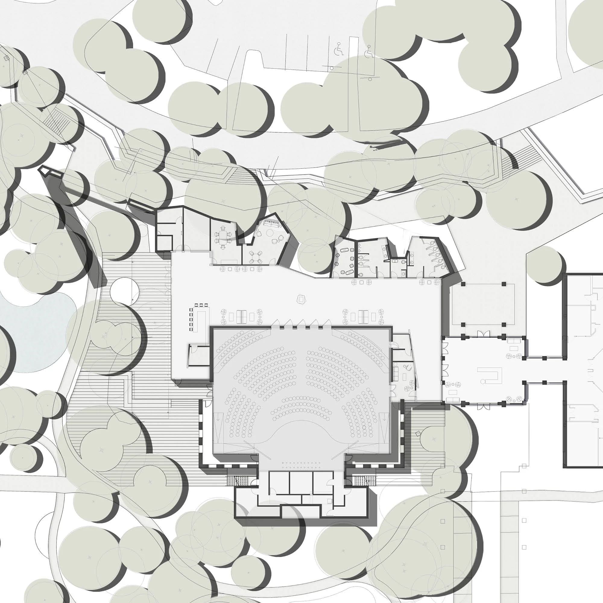 Architectural floor plan of Concordia University Chapel showing chapel seating, support spaces, and surrounding tree canopy.