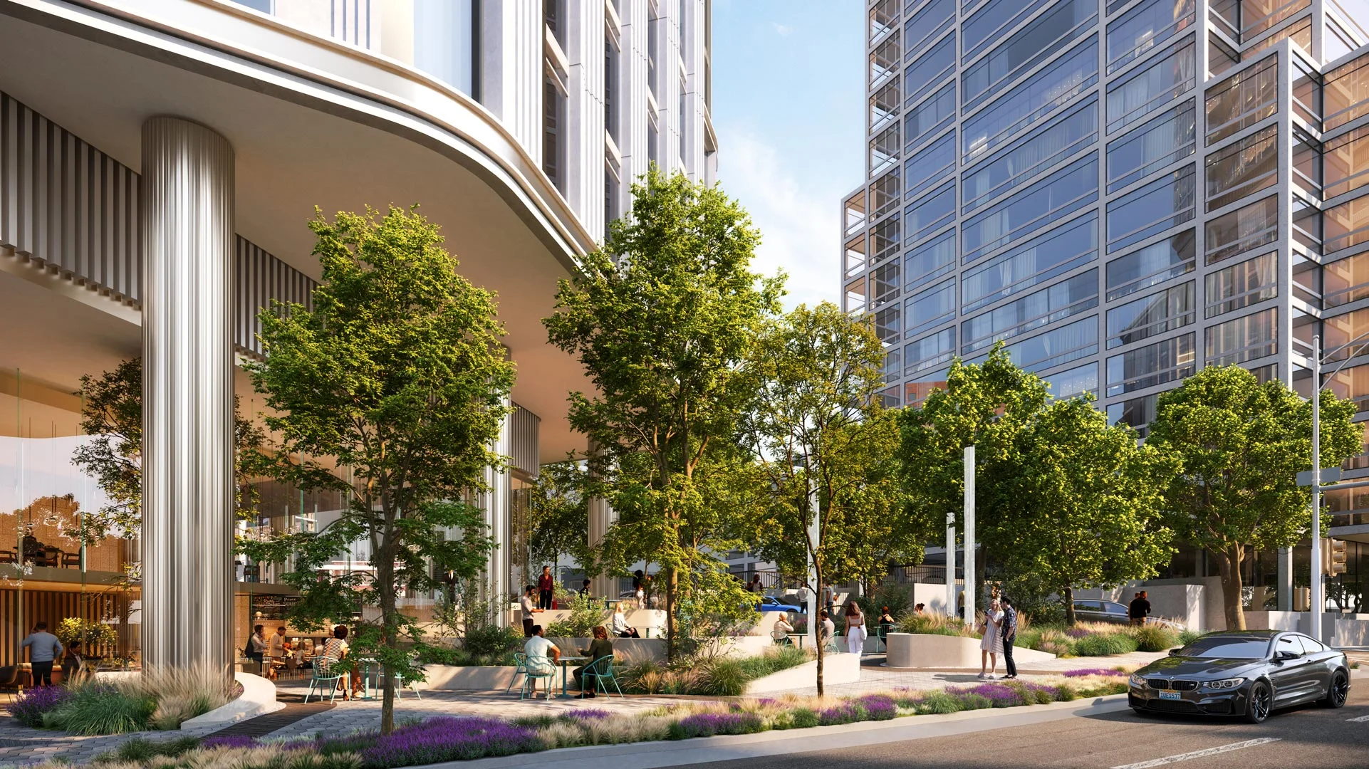 Close-up rendering of the plaza and building base at 1899 McKinney Avenue, with café seating, trees, and retail frontage in Dallas high-rise zone.